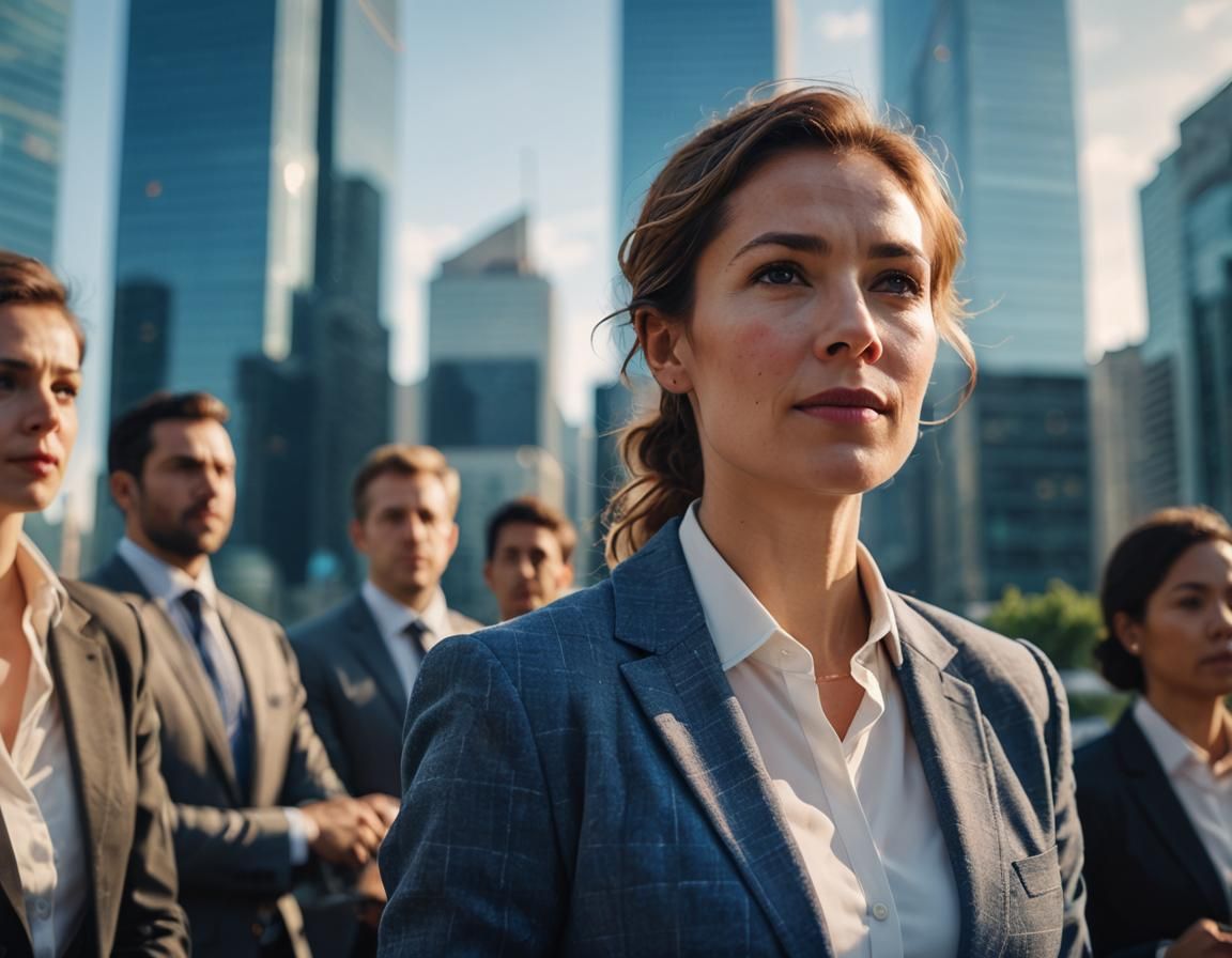 A group of business people are standing in front of a city skyline.