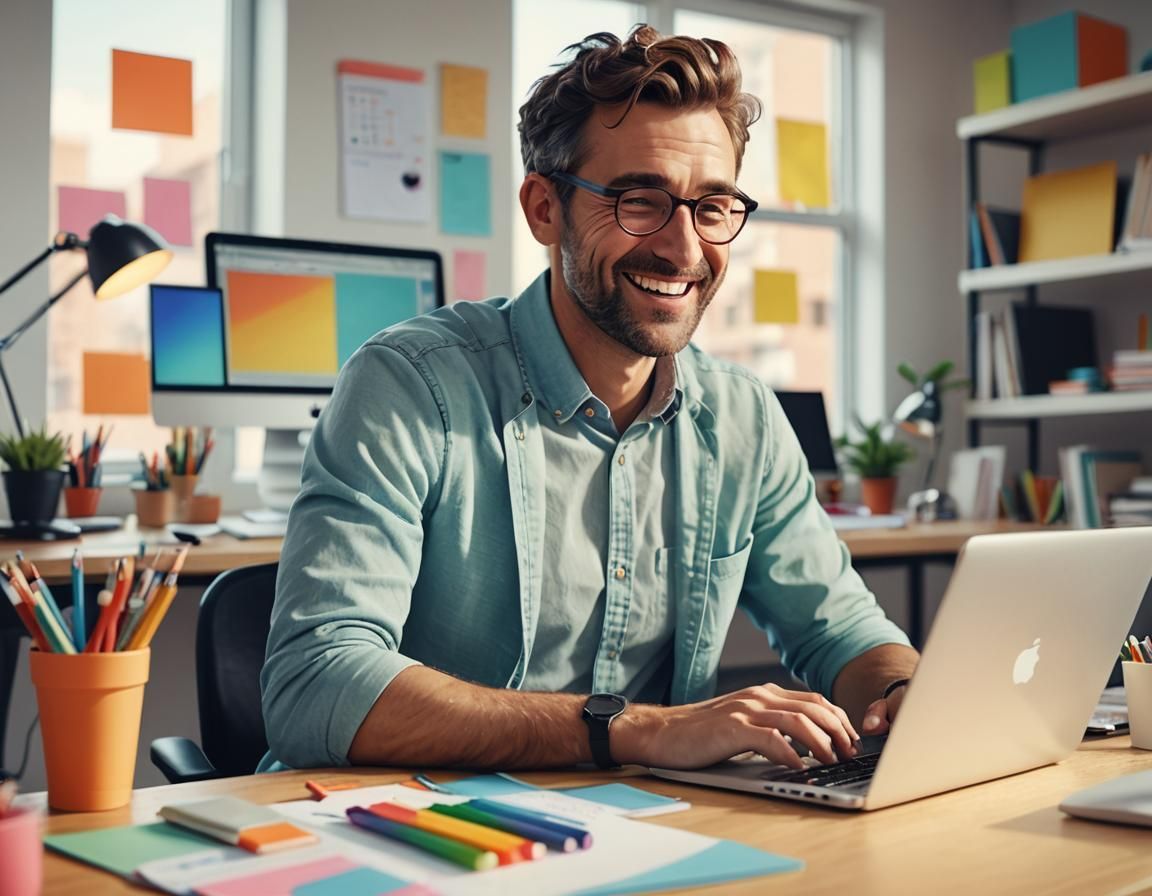 A man is sitting at a desk using a laptop computer.