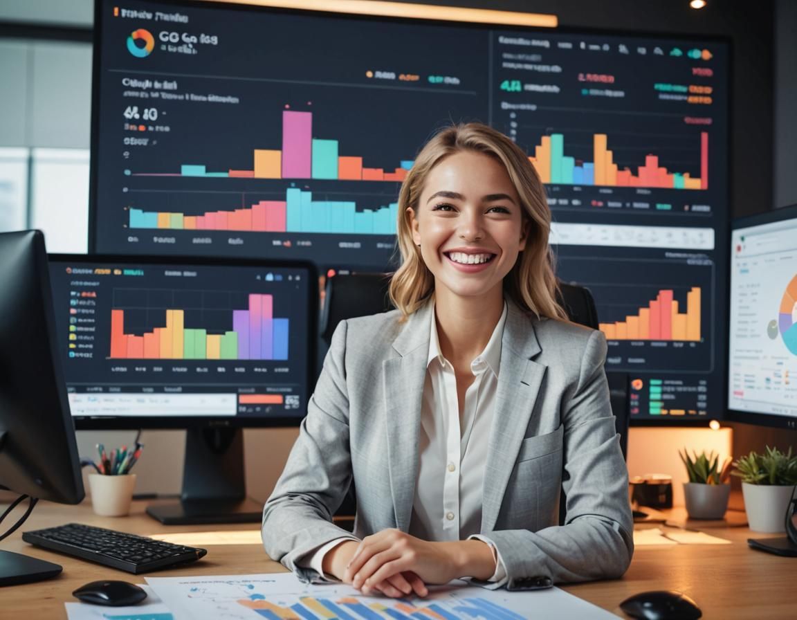 A woman is sitting at a desk in front of three computer monitors.