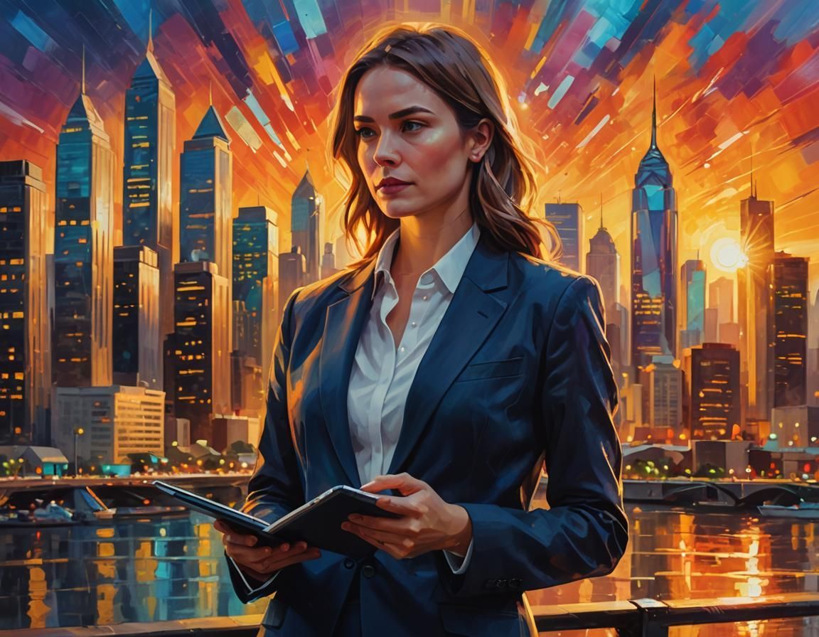 A woman in a suit is holding a tablet in front of a city skyline.