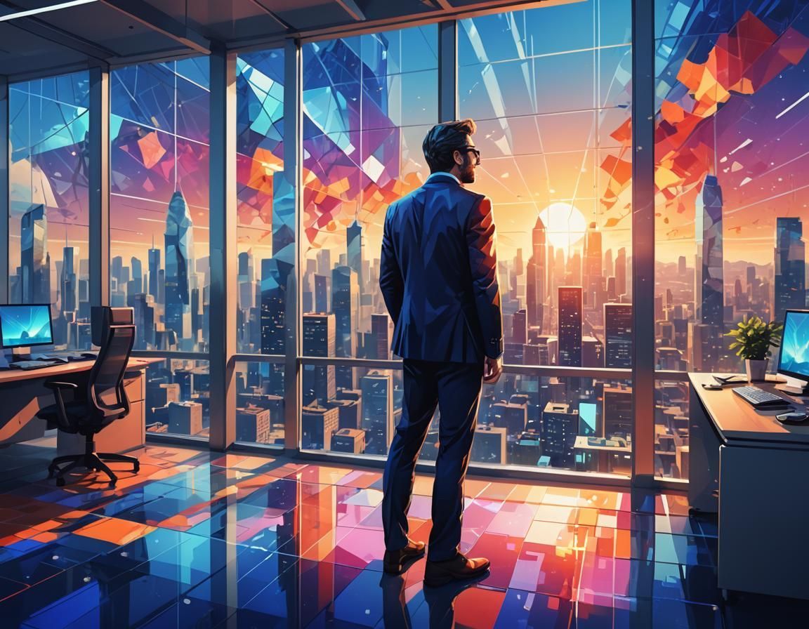 A man in a suit is looking out of a window at a city.