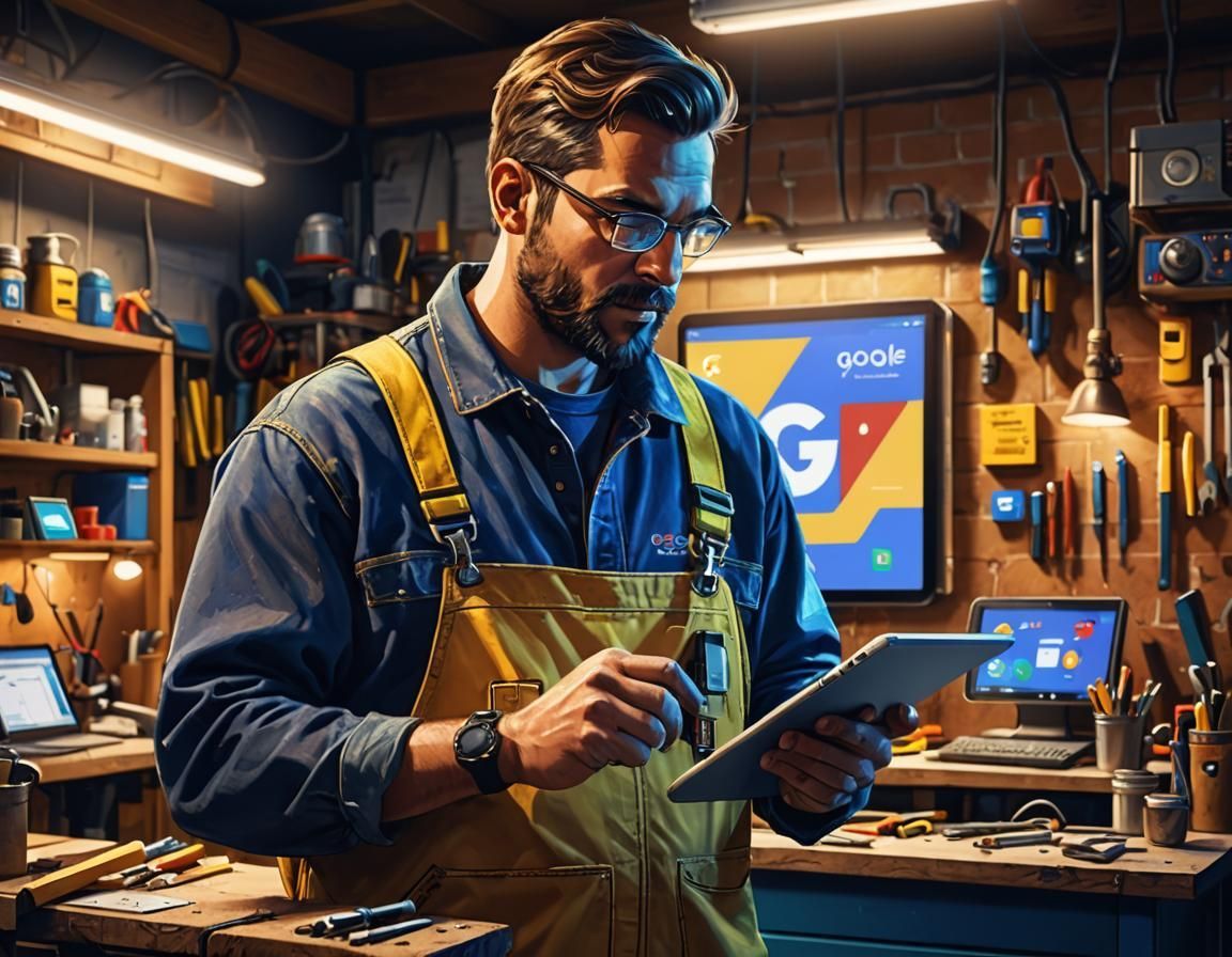 A man is using a tablet in a garage.