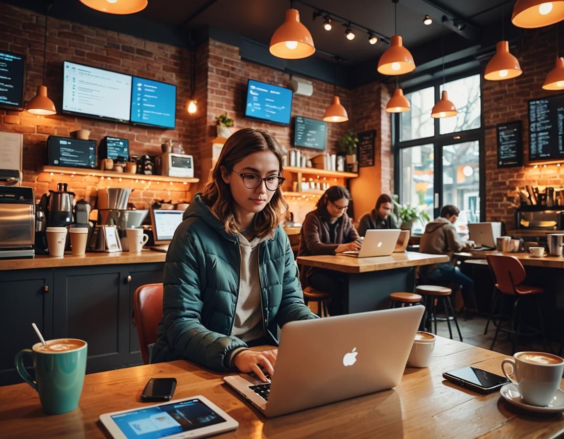 A woman is sitting at a table in a cafe using a laptop computer.