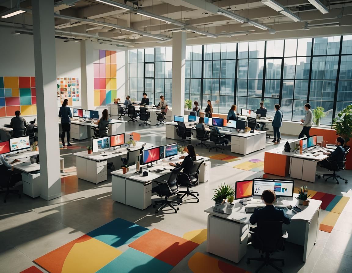 A large office with a lot of people working on computers.