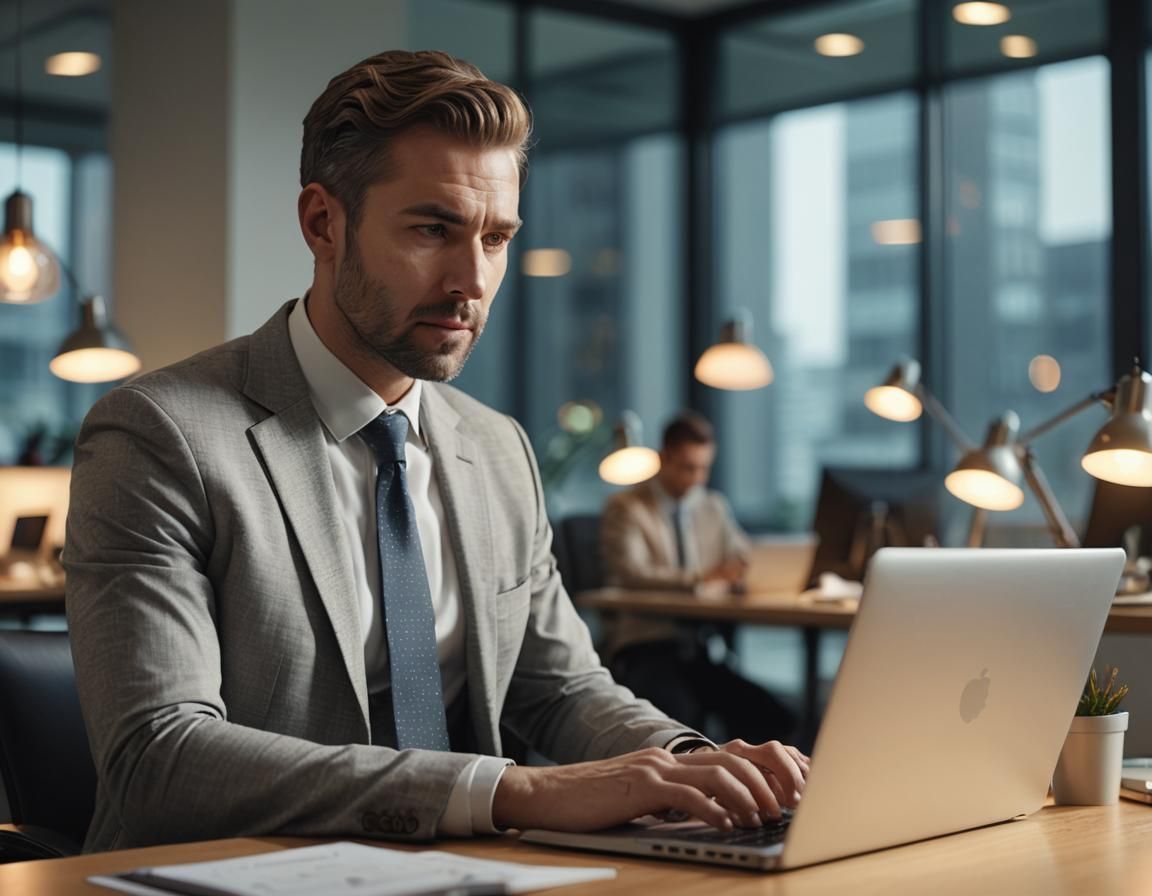 A man in a suit and tie is typing on a laptop computer.