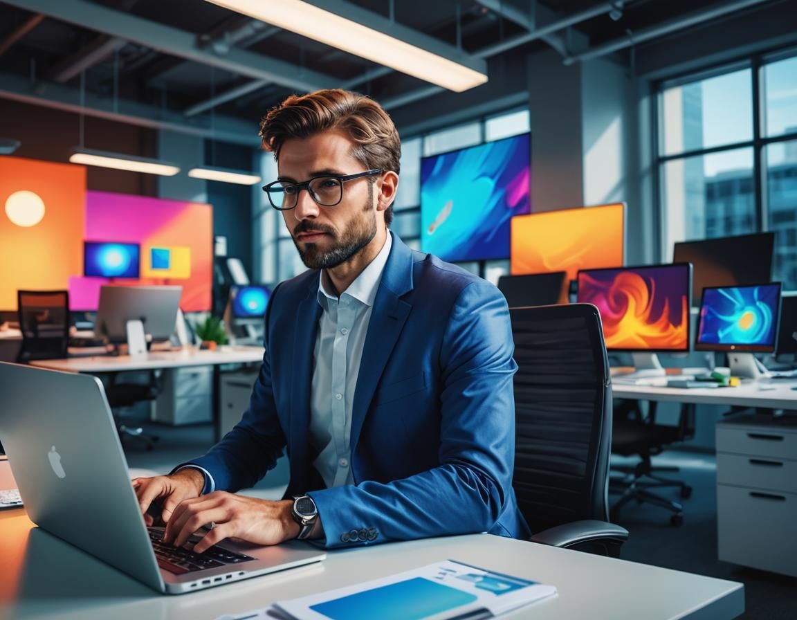 A man in a suit is sitting at a desk using a laptop computer.