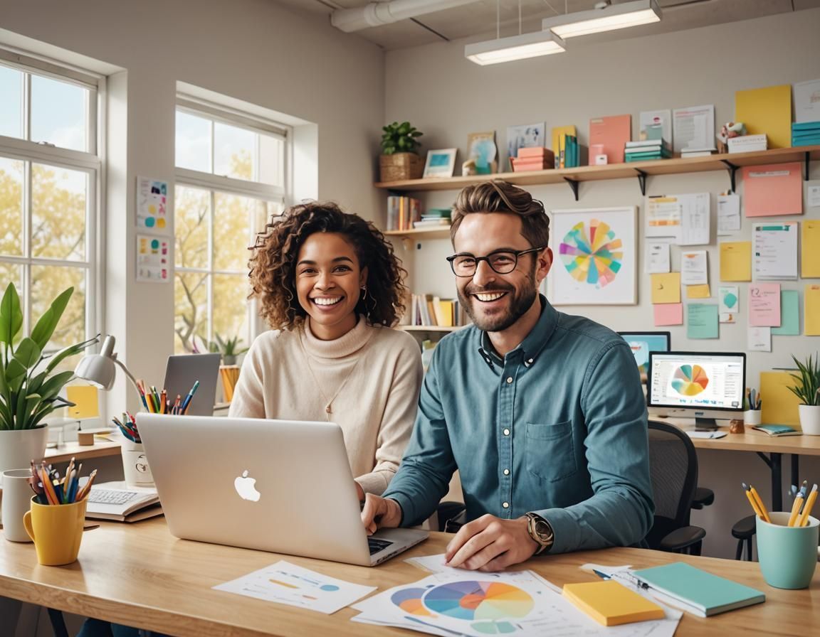 A man and a woman are sitting at a desk in front of a laptop computer.