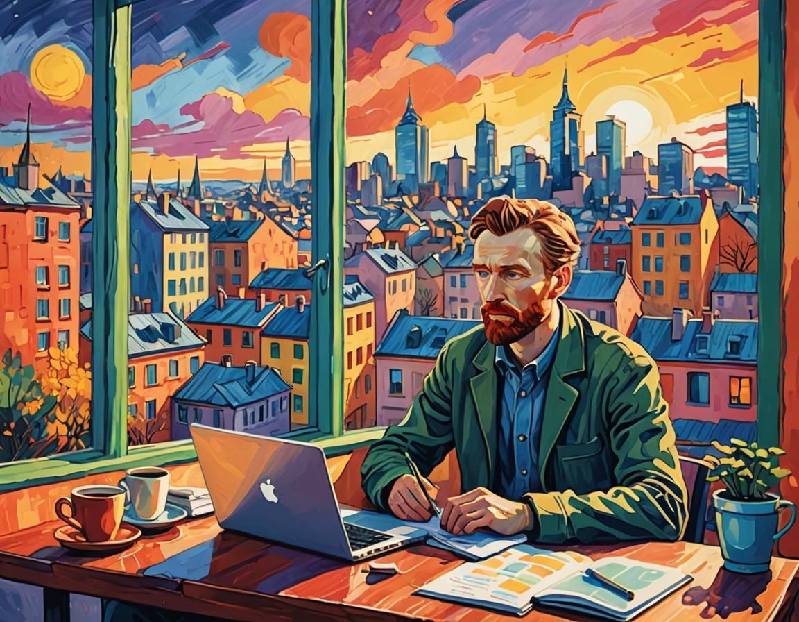 A painting of vincent van gogh sitting at a table with a laptop.