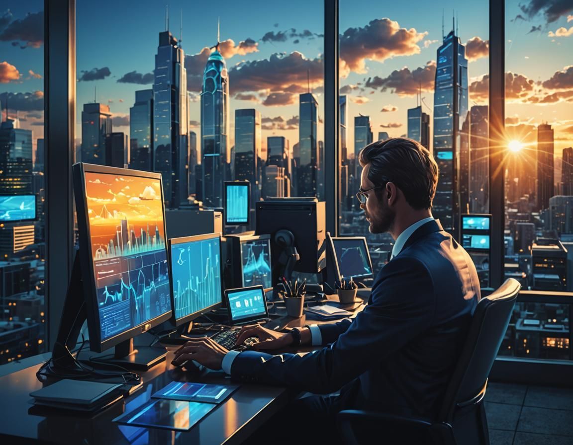 A man is sitting at a desk in front of a computer with a city skyline in the background.