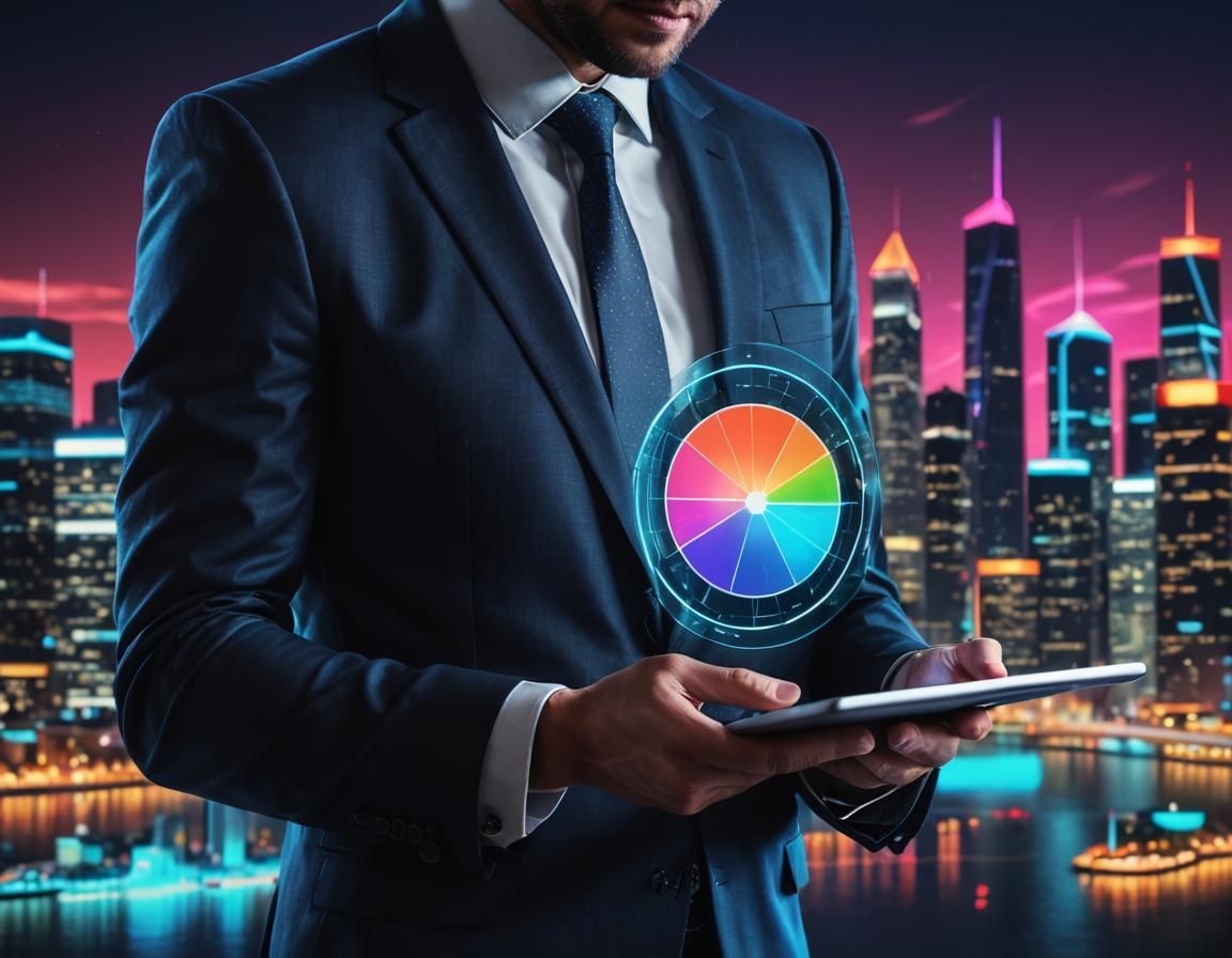 A man in a suit is holding a tablet with a pie chart on it