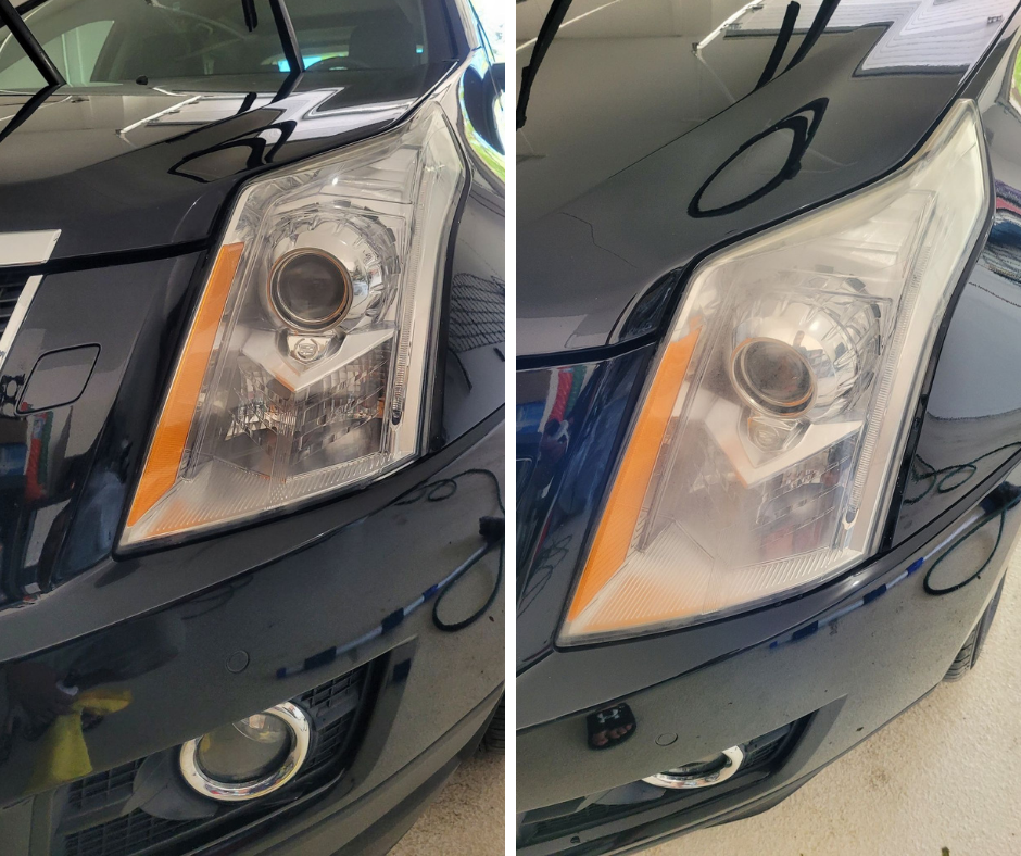 Side by side comparison photo of car headlight after being restored