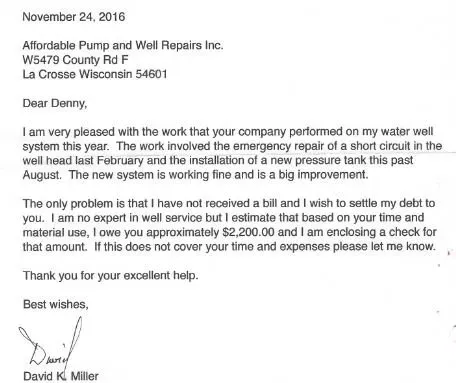 Nice Handwritten Letter — La Crosse, WI — Affordable Pump & Well Repair Inc