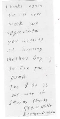 Handwritten Appreciation Letter — La Crosse, WI — Affordable Pump & Well Repair Inc