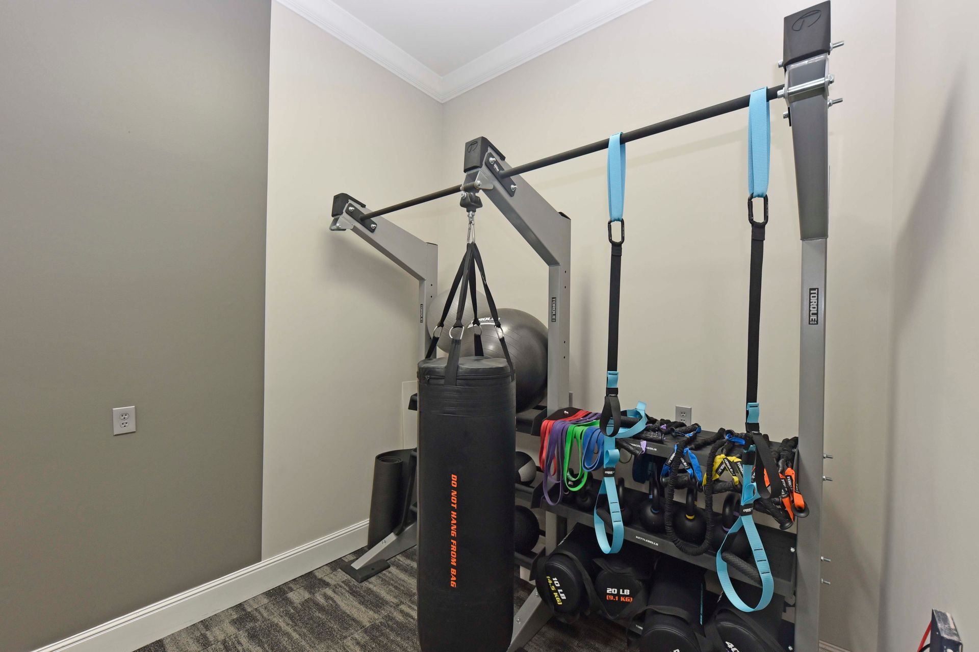 Gym with a punching bag, pull-up bar, weights, and resistance bands.