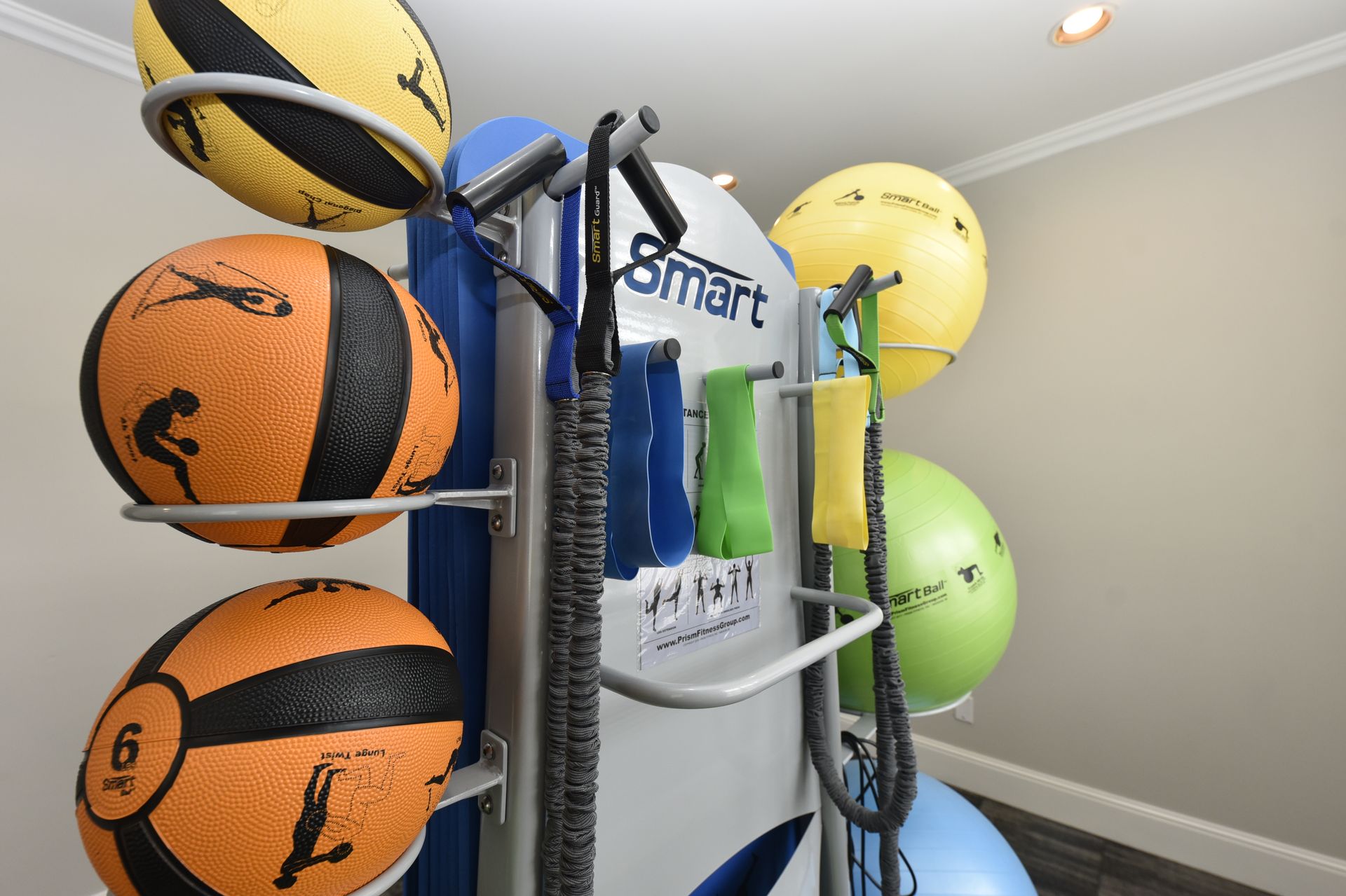 Exercise equipment rack holding medicine balls, resistance bands, and a stability ball in a gym setting.