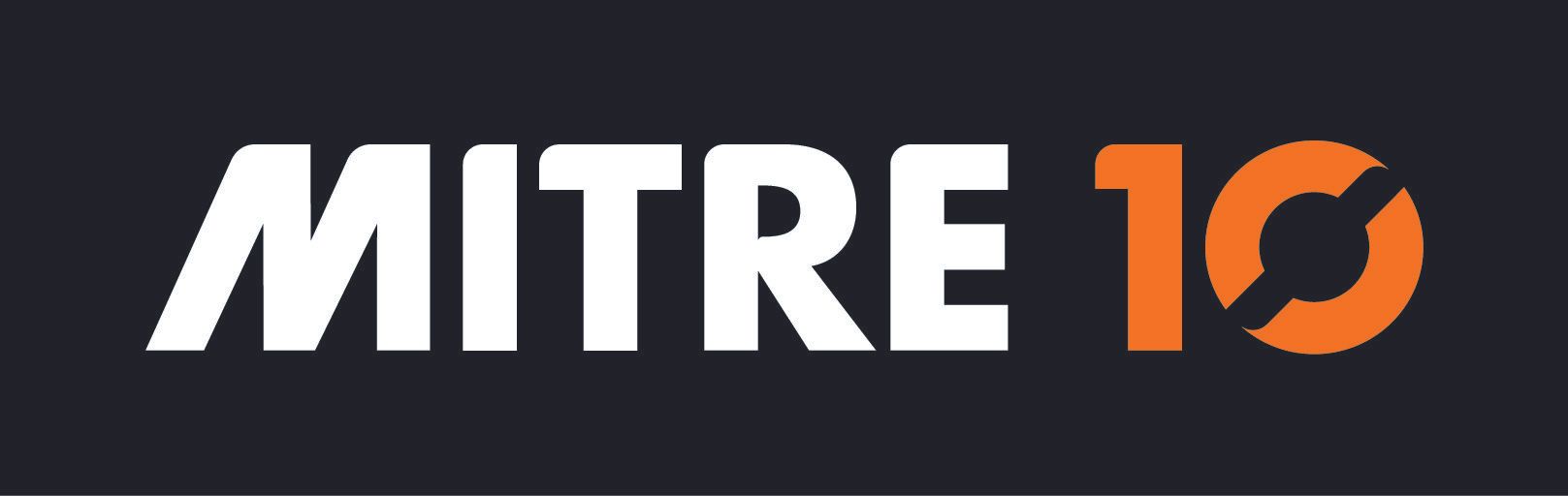 an orange and white mitre 10 logo on a black background