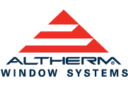 the logo for altherm window systems is a red and white triangle .