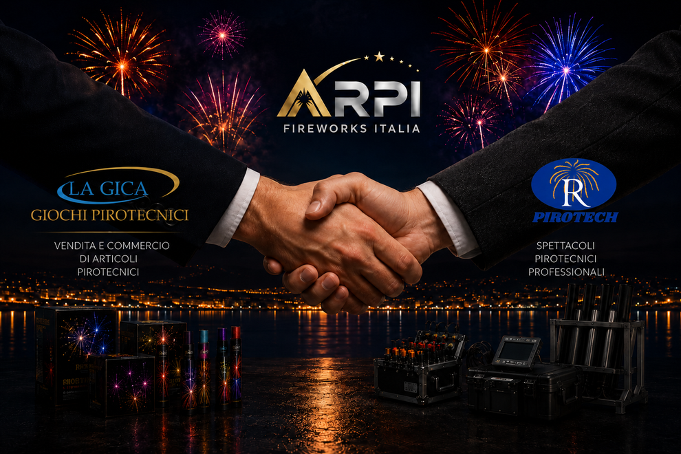 Grafica promozionale con stretta di mano sopra i fuochi d'artificio, logo ARPI Fireworks Italia e skyline notturno del lungomare cittadino.