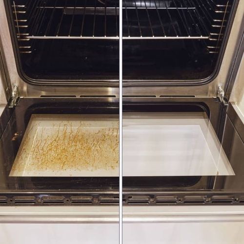 Comparison of an oven pan before (dirty) and after cleaning.