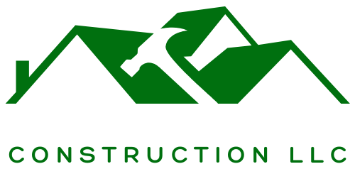 The logo for construction llc shows a green mountain with a white roof.