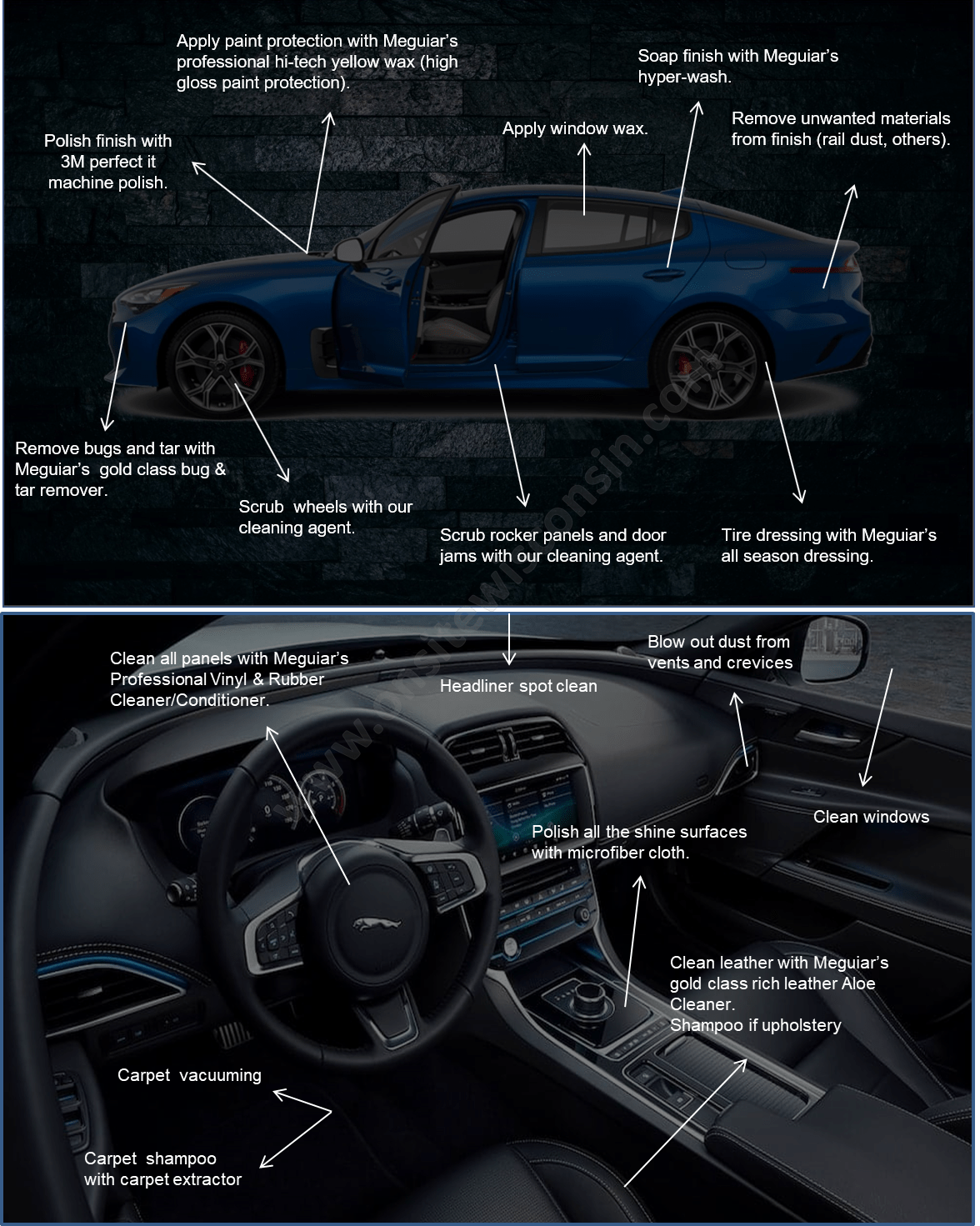 A picture of a blue car and its interior