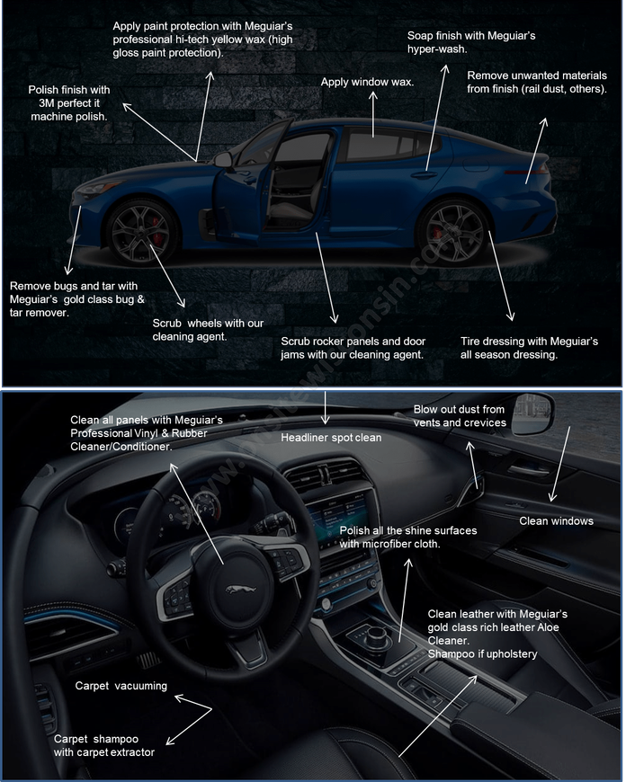 A picture of a blue car and its interior