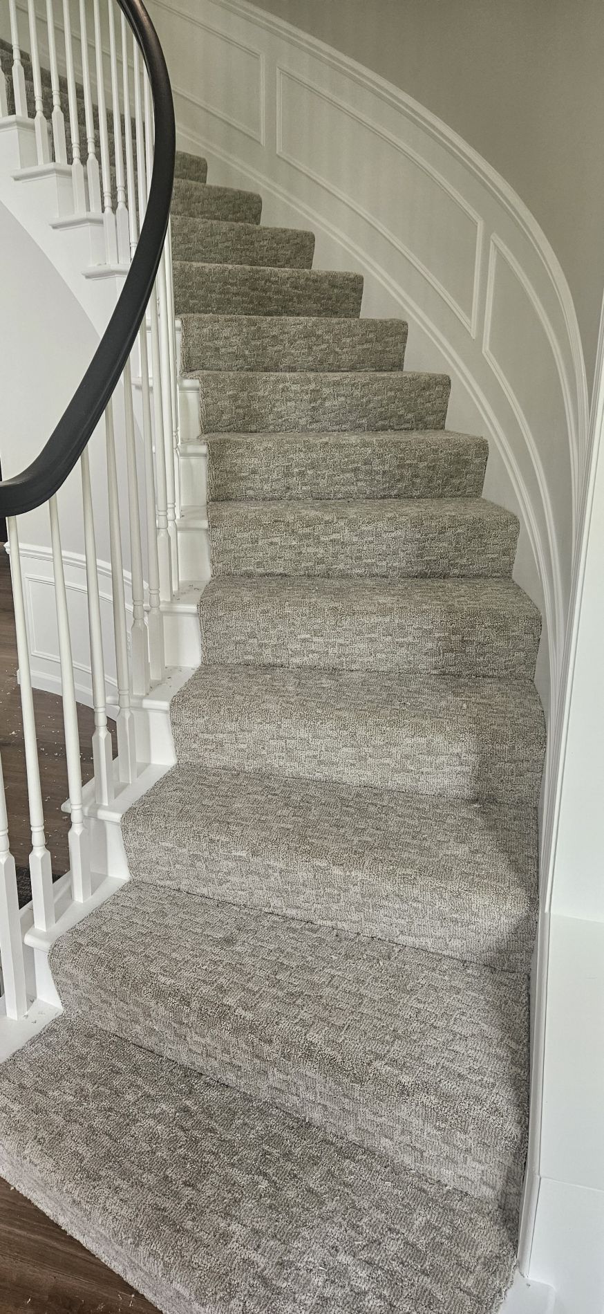 Carpeted curved staircase with white railing and dark handrail.