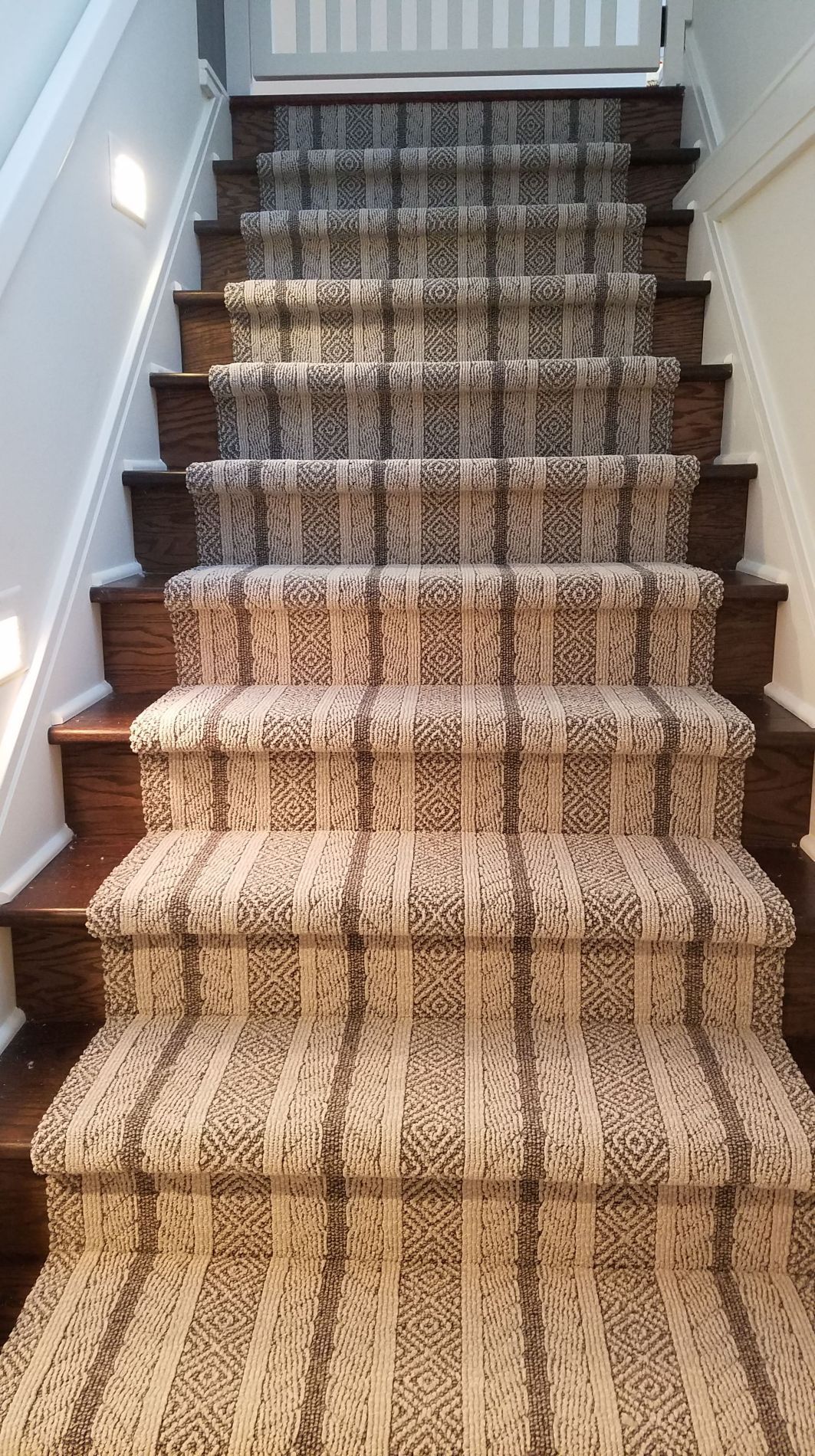 Carpeted staircase with dark wood steps and white risers.
