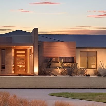 A Modern House With a Blue Roof is Lit Up at Sunset — Roofpoint In Kawungan, QLD