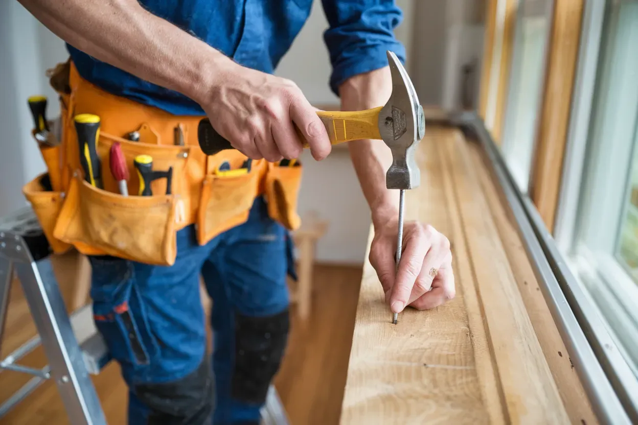 A man is hammering a nail into a piece of wood.
