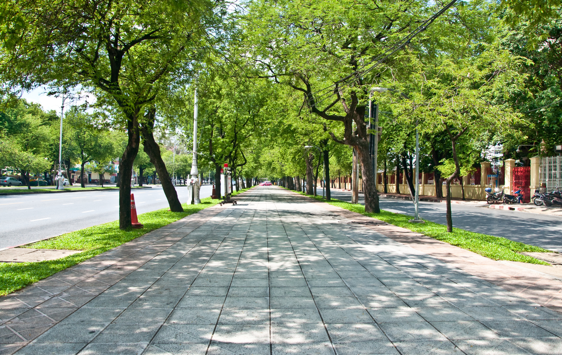 Paved pedestrian walkway lined with trees, alongside a road with sparse traffic, on a sunny day.