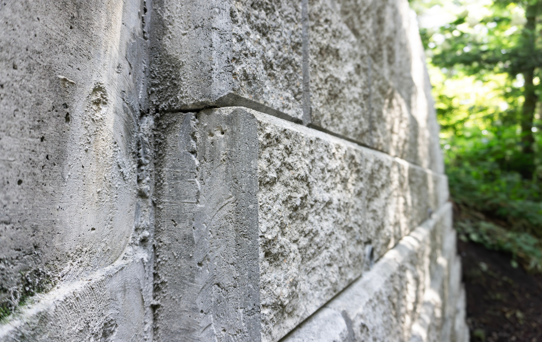 Close-up of a weathered, gray concrete block wall, textured surface, with a blurred green background.