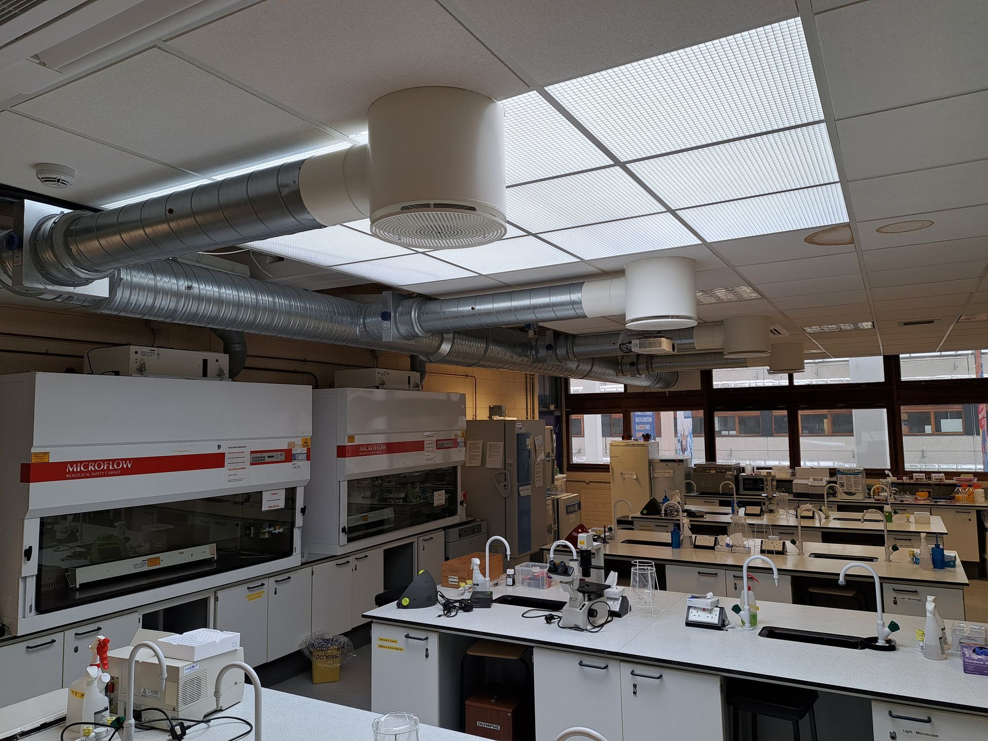 Laboratory interior with fume hoods, lab benches, ventilation ducts, and skylights.