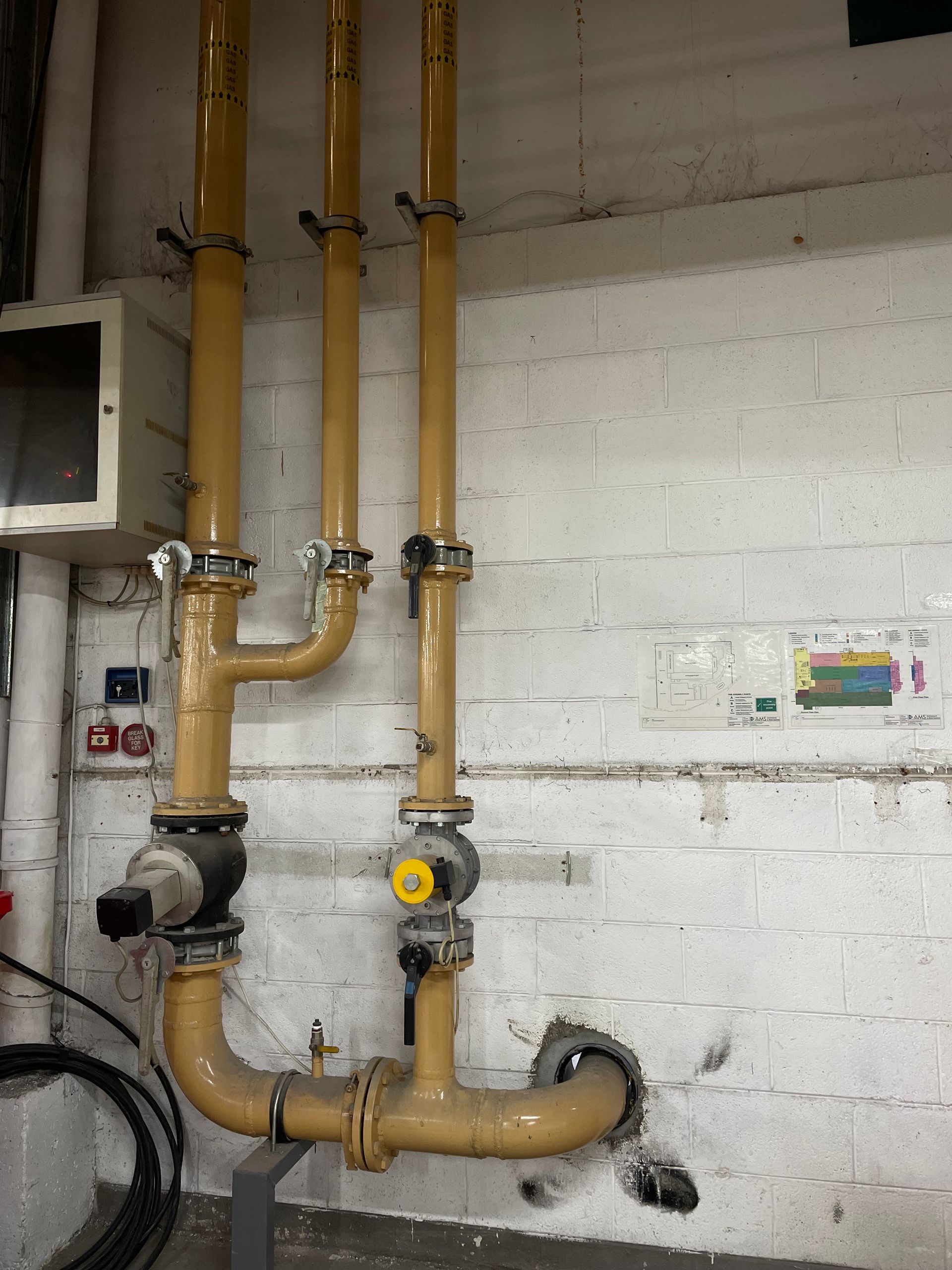 Tan pipes against a white brick wall in a utility room; various valves and fixtures visible.