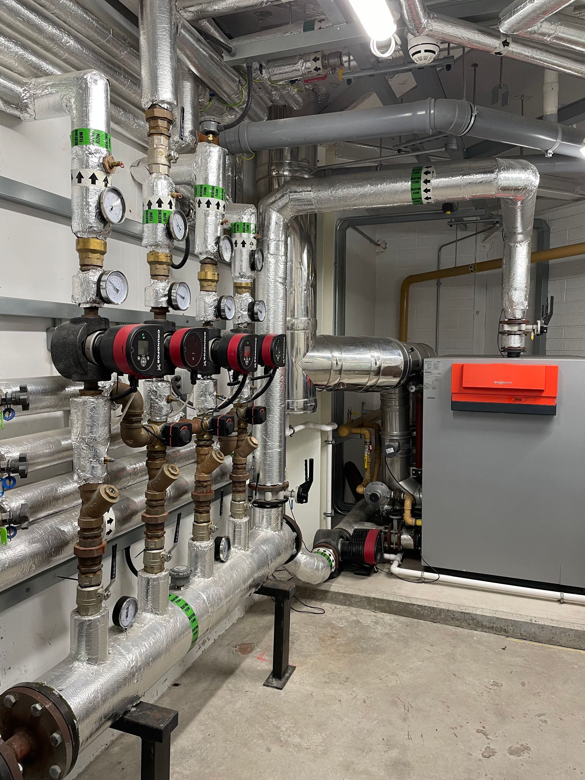 Piping and mechanical equipment room, featuring insulated pipes, pumps, gauges, and a gray boiler.