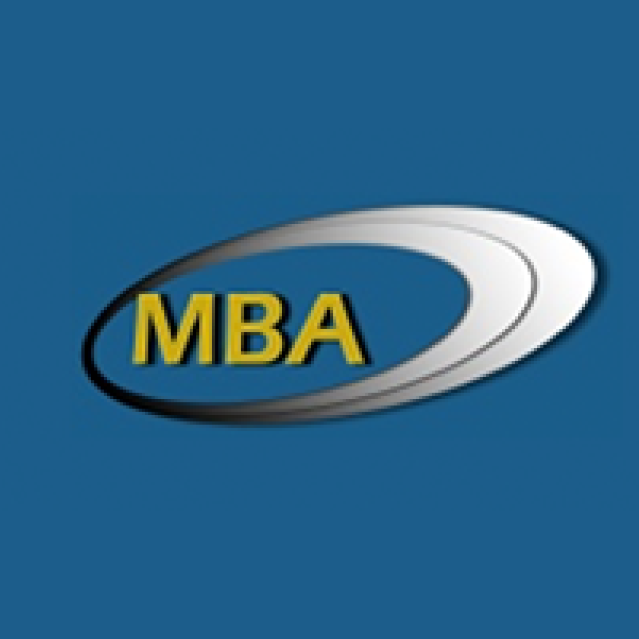 MBA logo within a silver and black oval on a blue background.