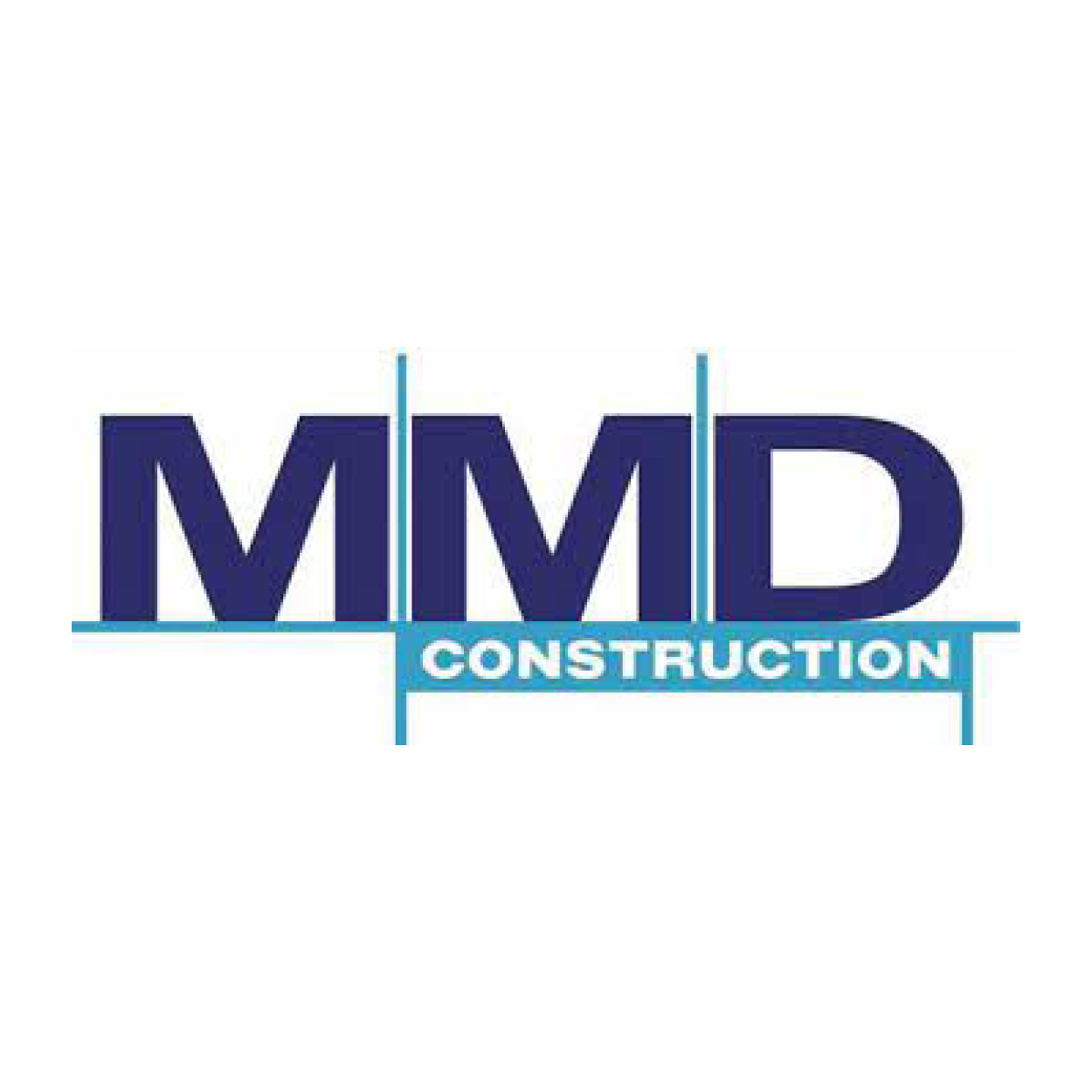 Logo for MMD Construction, blue text and lines on white.