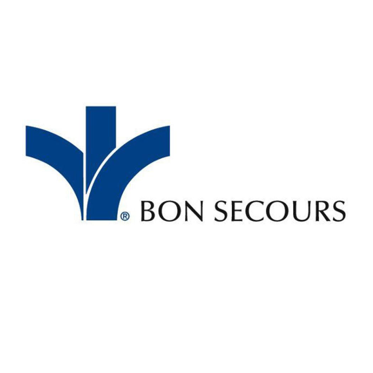 Blue Bon Secours logo: stylized figure with three curved elements, text