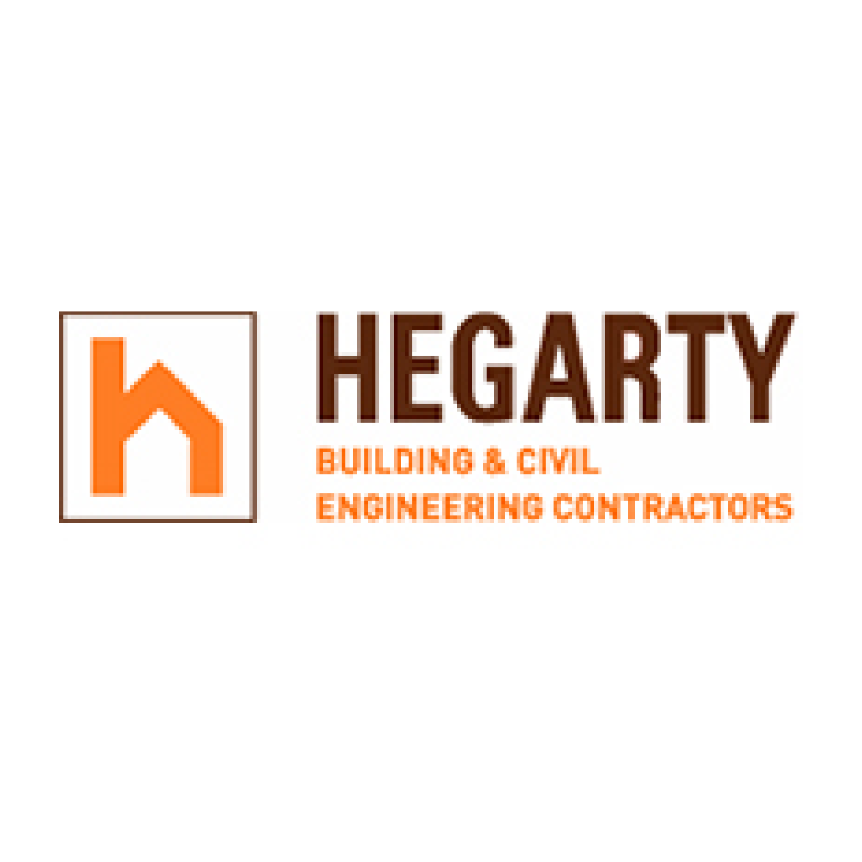 Logo for Hegarty Building & Civil Engineering Contractors; an orange house within a brown square with brown text.