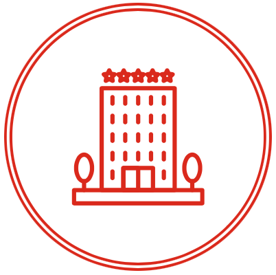 Red hotel building with five stars on top, set inside a red circle.