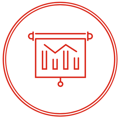 Red outlined chart icon inside a red circle.
