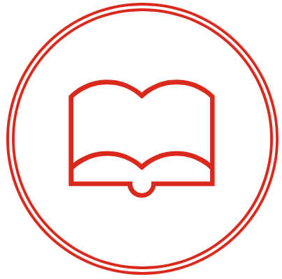 Red outline of an open book inside a double red circle.