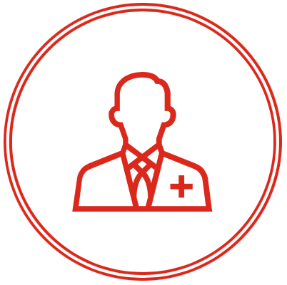 Red outline of a doctor inside a double red circle; medical symbol on jacket.