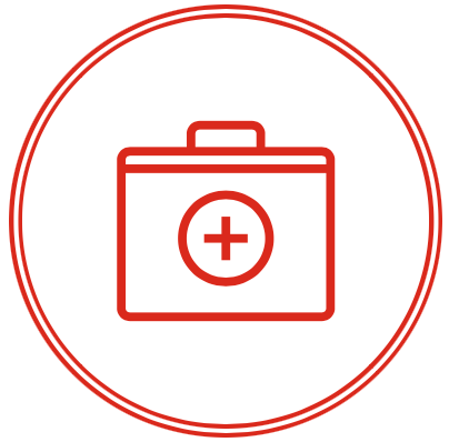 Red outline of a first aid kit inside a double red circle.
