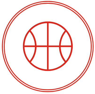 Red outline of a basketball inside two concentric red circles, on a white background.