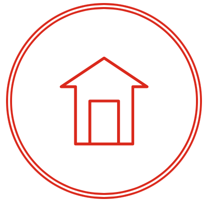 Red outline of a house icon inside a red double-lined circle.
