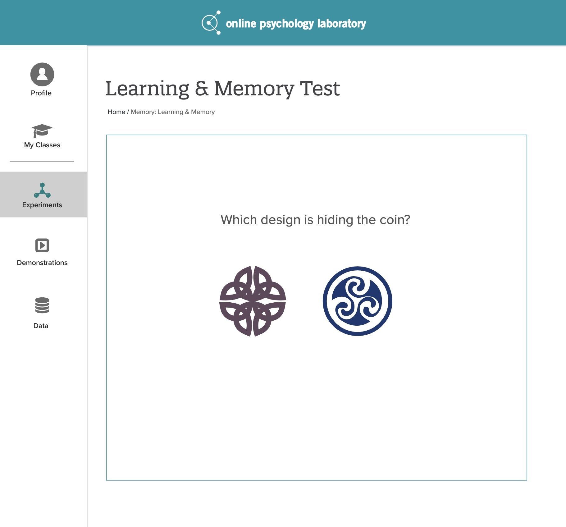 A screenshot of a learning and memory test.