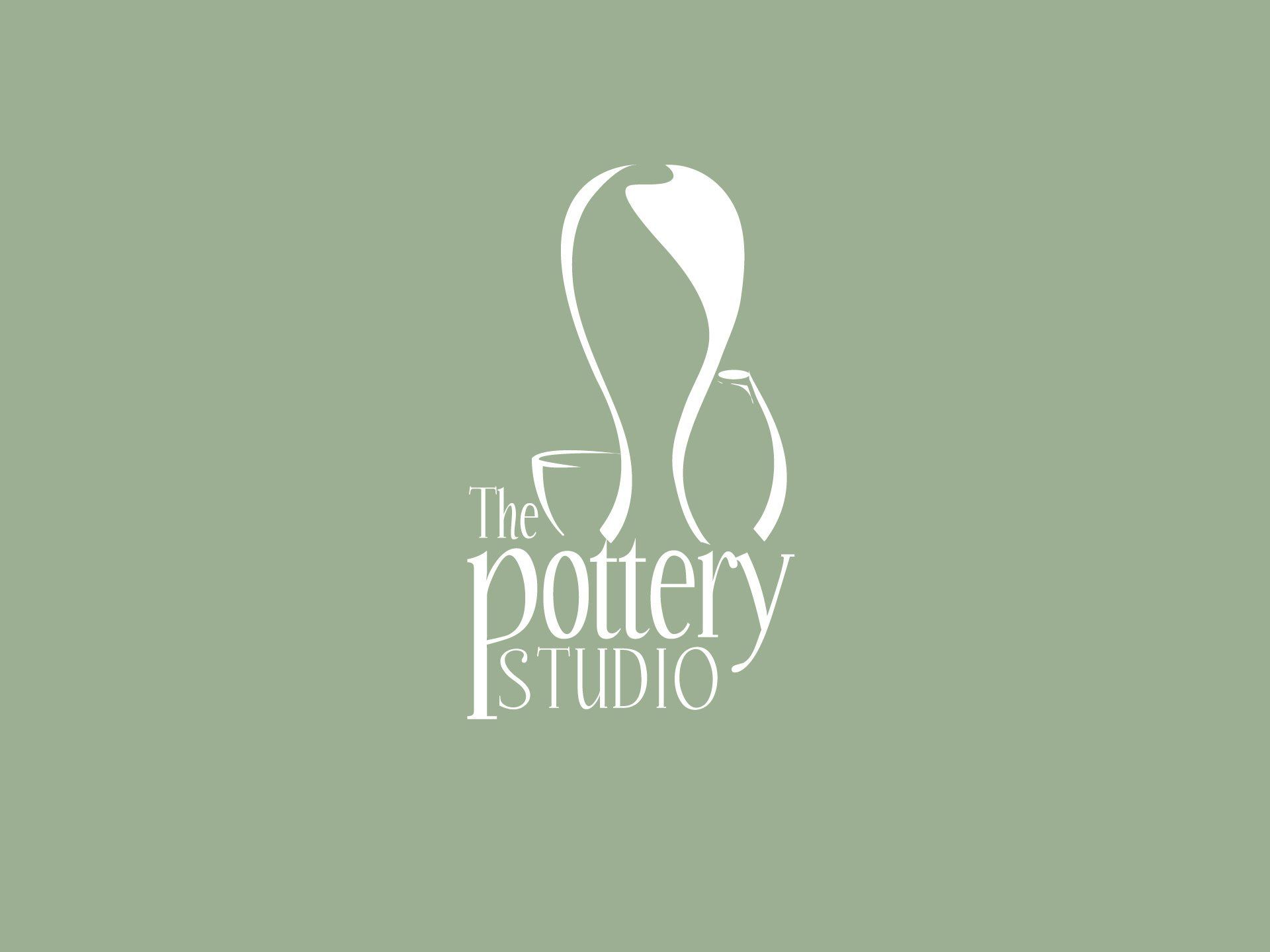 A logo for the pottery studio on a green background
