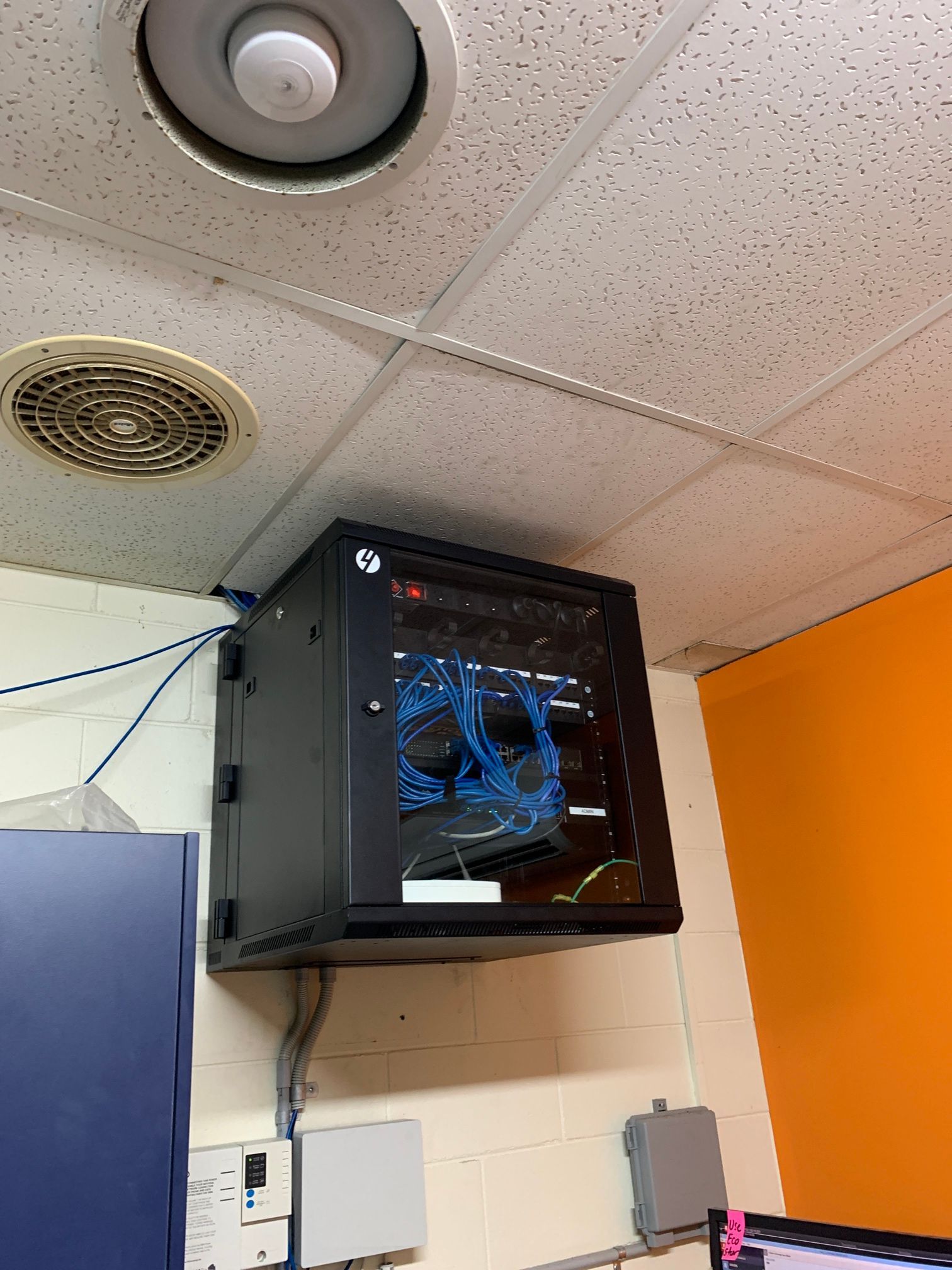 Black Server Rack Mounted on a Wall With Blue Network Cables Inside — LSEA Electrical Group in Bucasia QLD