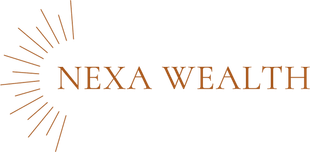 Nexa Wealth logo in bronze serif text with radiating line design on white background